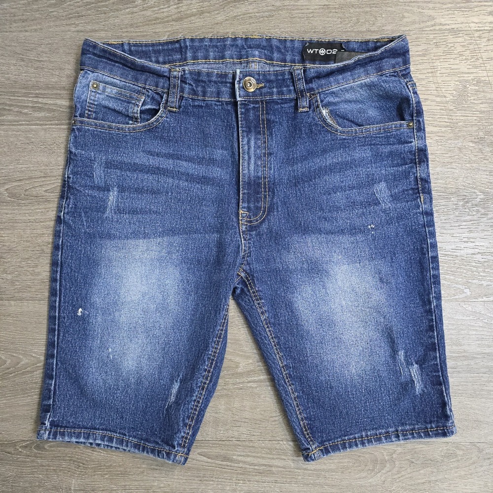 Y2K WT 02 Blue Jeans Shorts Distressed Stretch Denim Medium Wash Mens‎ 34x10"